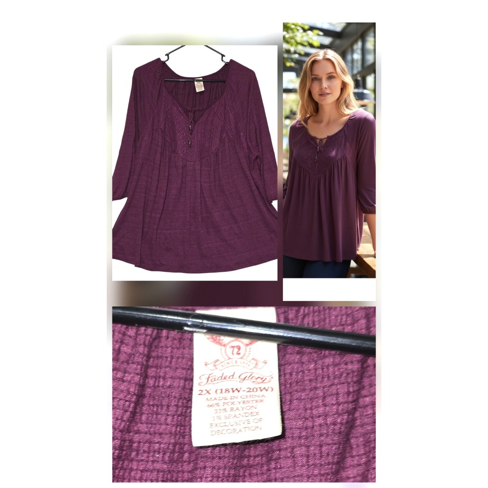 Faded Glory Wine Boho Knit Lightweight Rayon Blend Blouse‎ Size 22